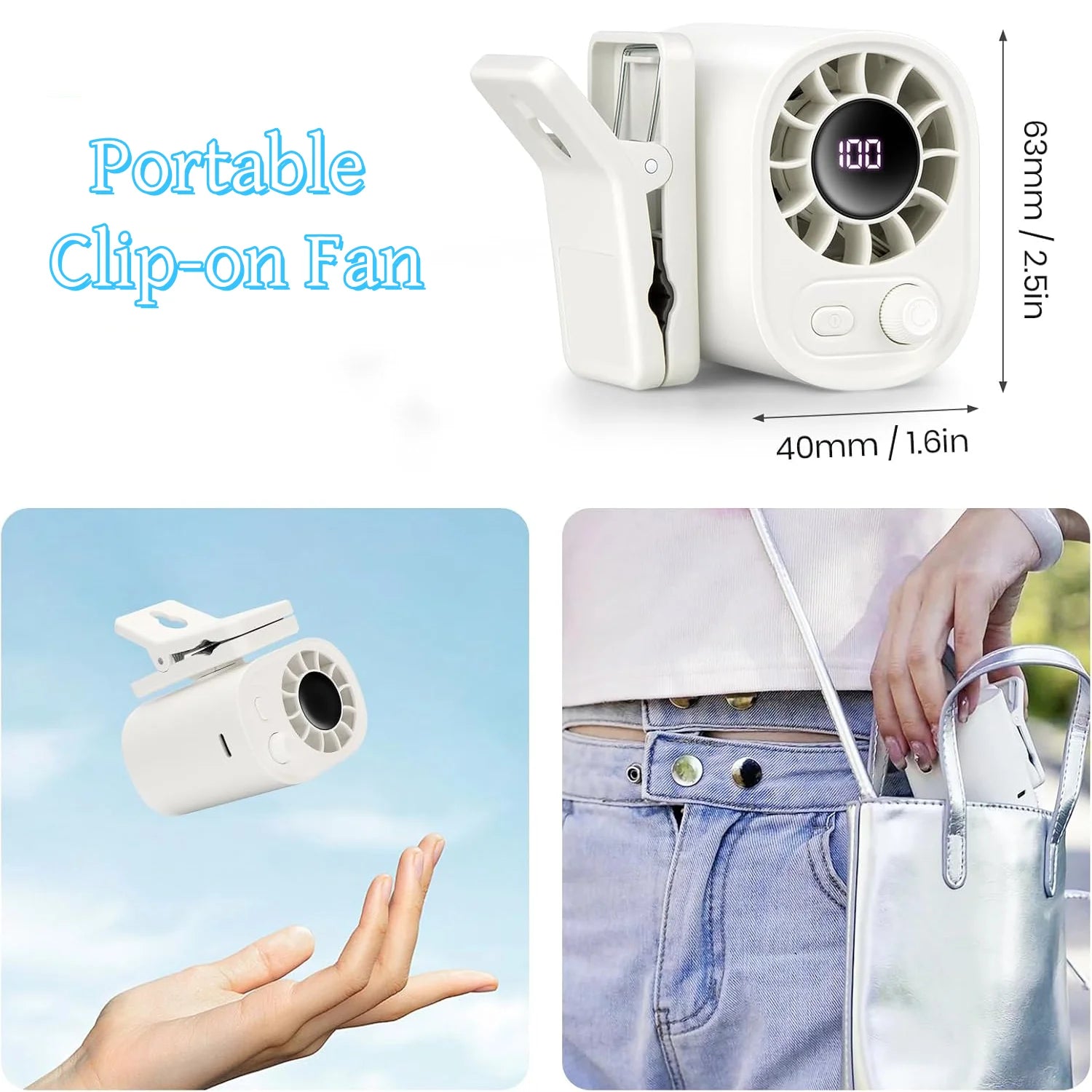 Breezico Mini Clip-Ventilator | Tragbar & Wiederaufladbar | 6,2 x 4,5 x 6,3 cm | 100-Stufen