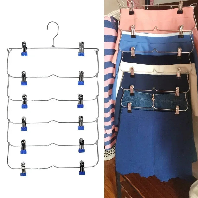 Foldora Hosenbügel 6 Ebenen aus Edelstahl | Multilayer Rock- & Hosenhalter | Platzsparend mit 12 Clips