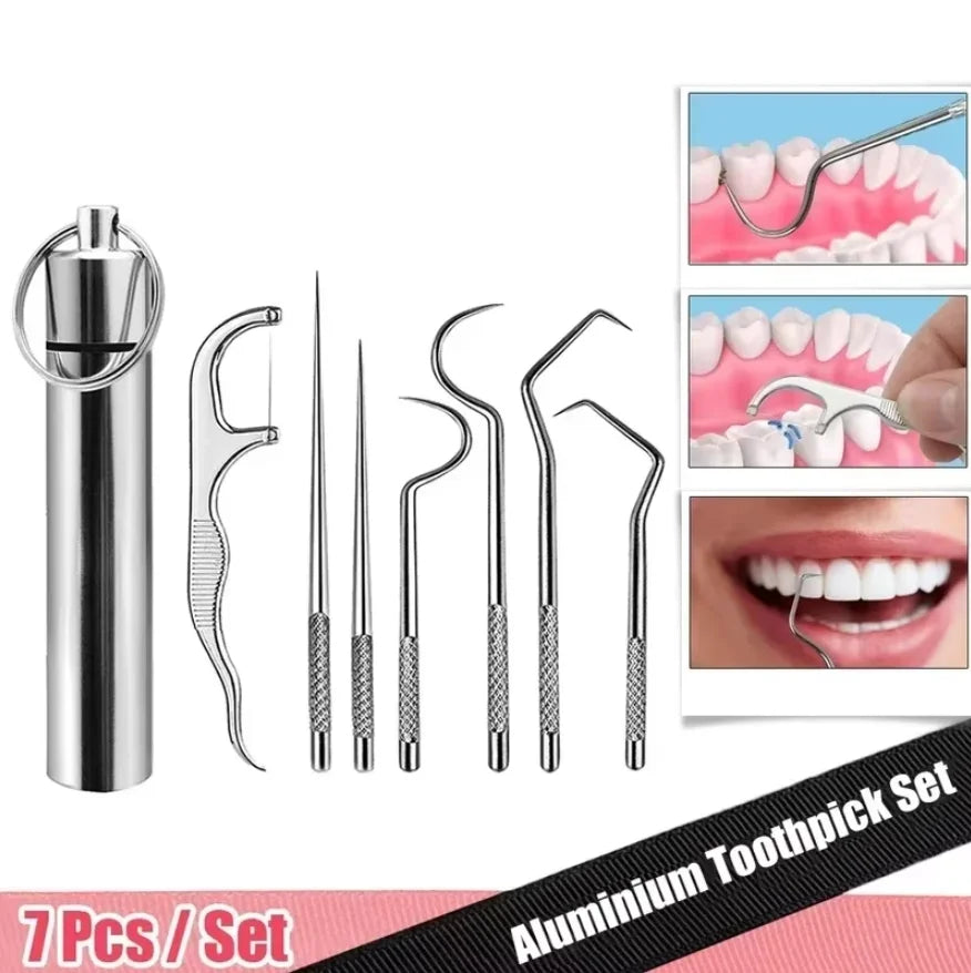 Dentigo Edelstahl-Zahnstocher Set | Wiederverwendbares Zahnreinigungs-Set | Mit Schlüsselanhänger-Etui