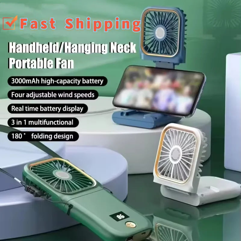 Breezeon Tragbarer 180° Klapp-Ventilator 3000 mAh | USB Hand- & Halsventilator | Tisch & Reise