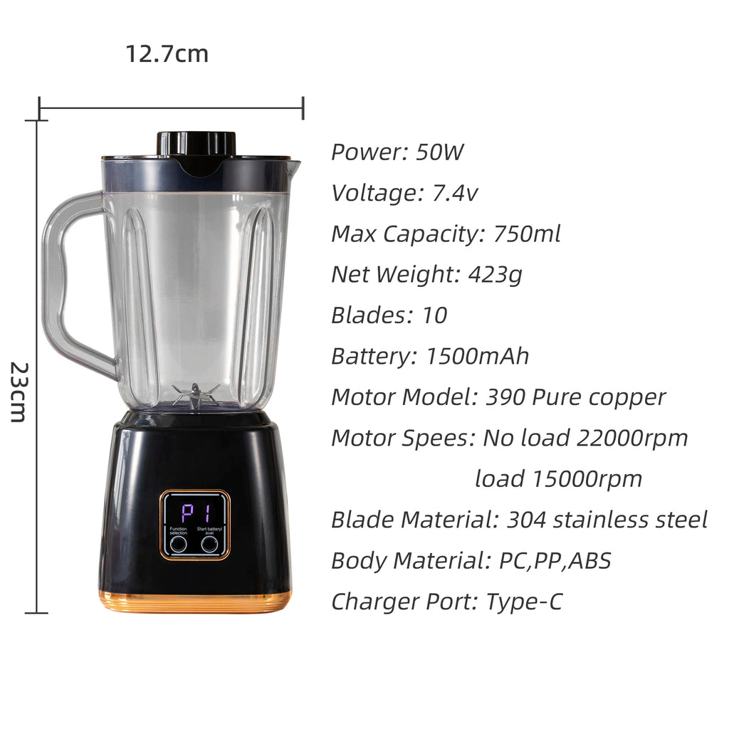 Blendiva Tragbarer Mini-Smoothie-Mixer | 7,4 V | LED-Display | USB wiederaufladbar | 23,5 cm