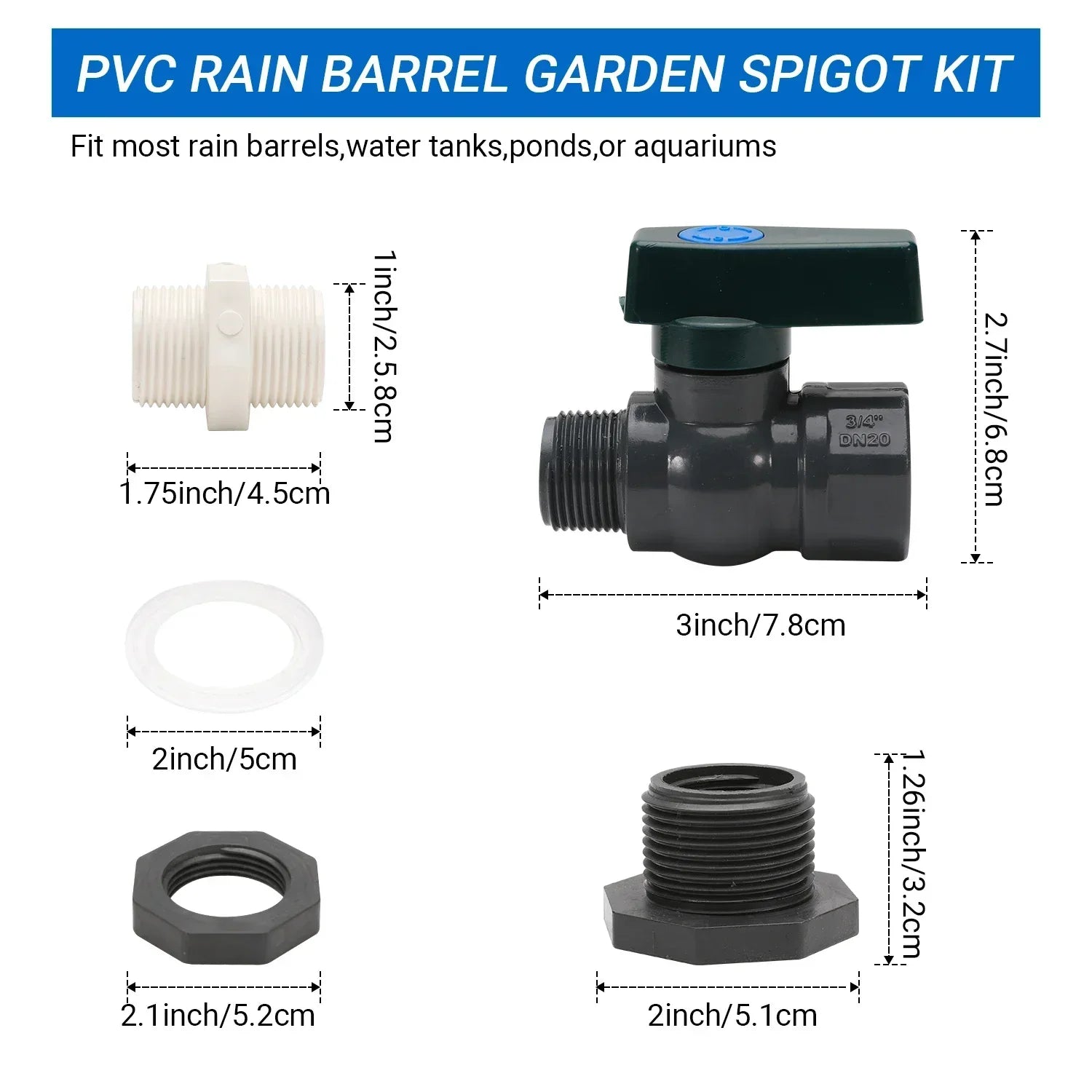 AquaPorta Regenfass Wasserhahn Set | PVC Auslaufhahn 3/4 Zoll | Fassanschluss Adapter | Dichtungsset für Regentonne