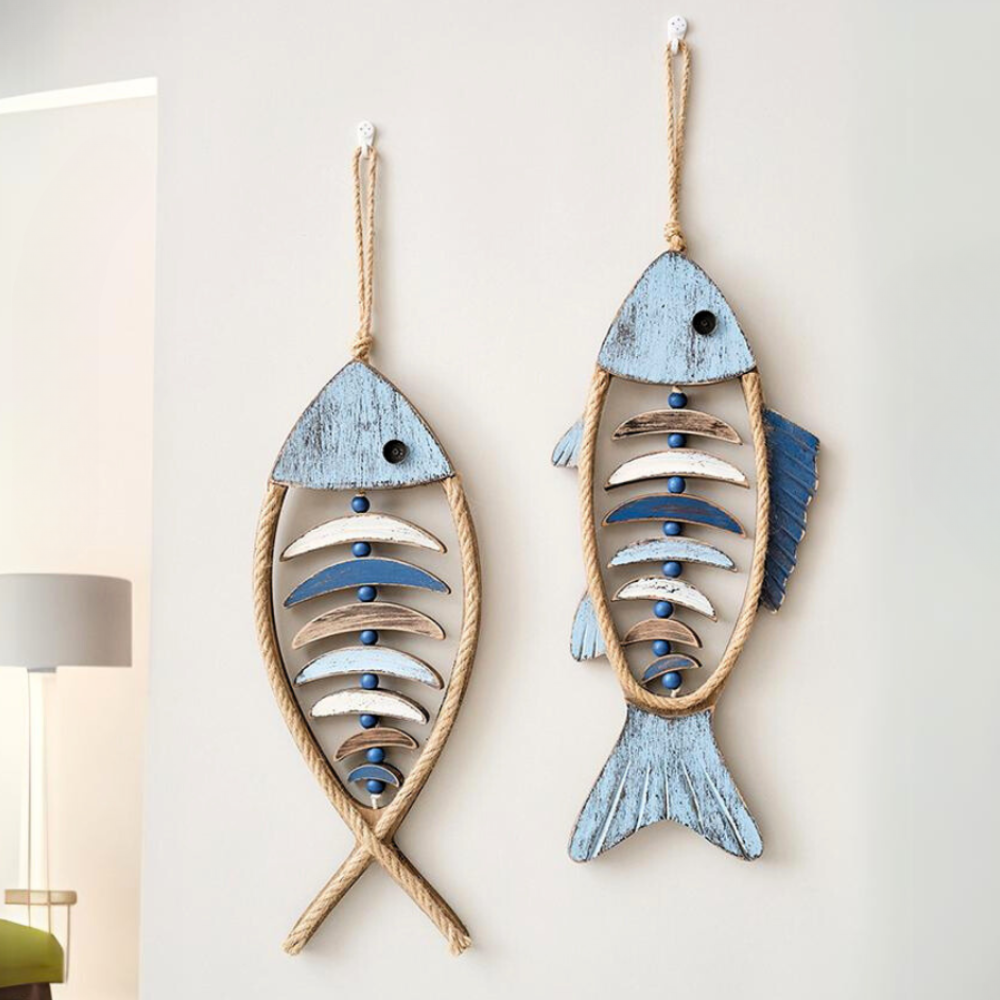 Marivano | Holz-Fisch Wanddekoration | Maritime Wandkunst aus Holz & Seil | Küstenstil 47 cm