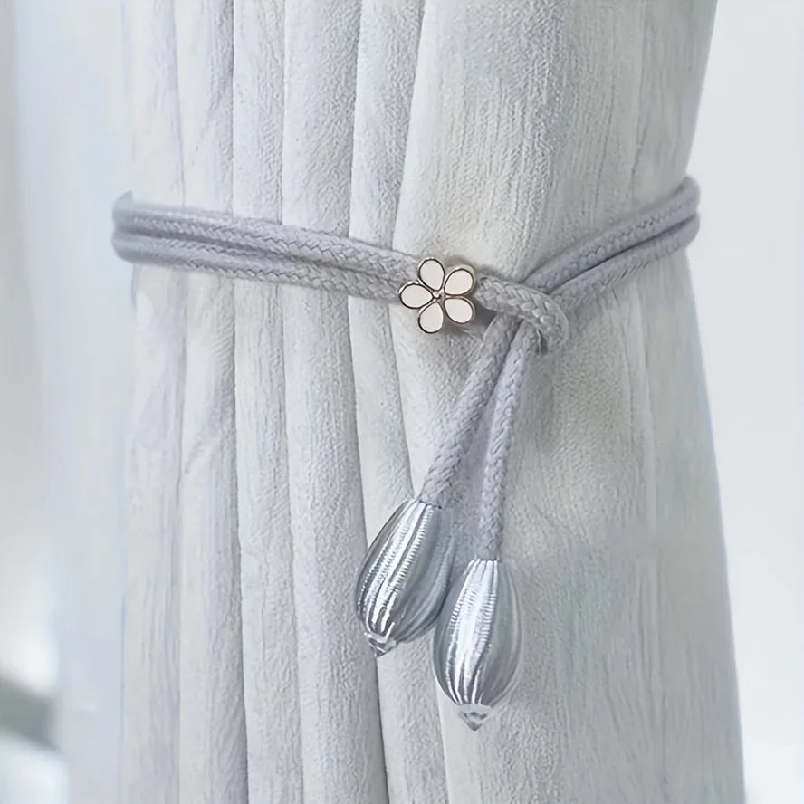 Floravia Curtain Holder Set of 2 | Adjustable Without Drilling | With Flower Buckle | Elegant Home Accessory