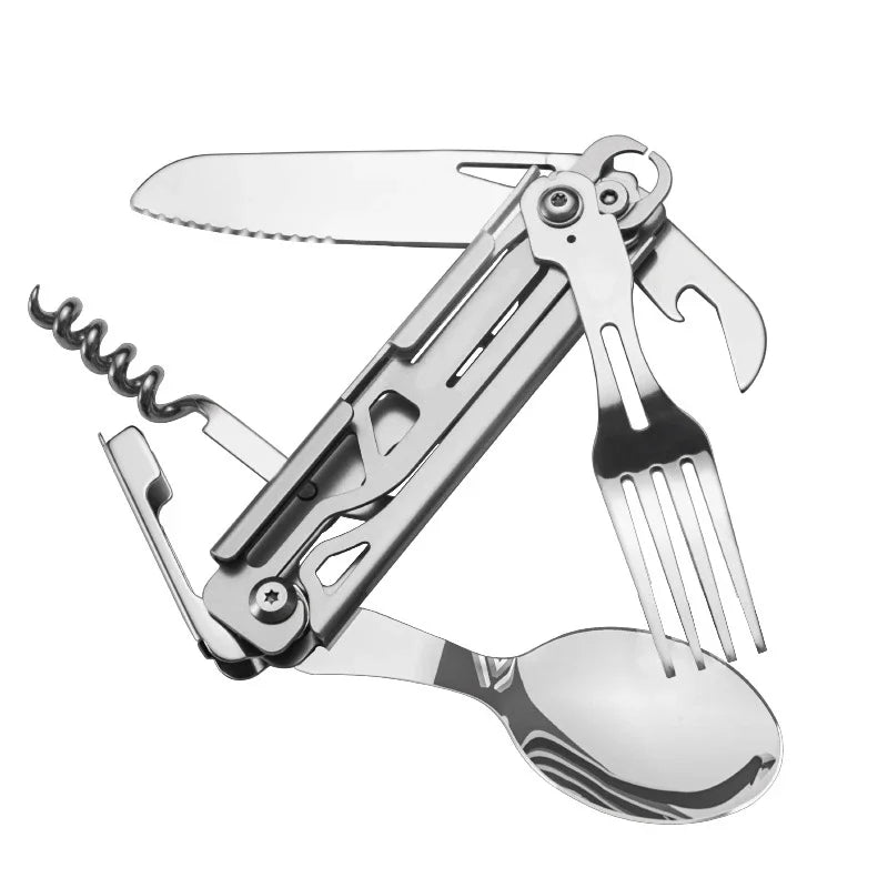 GearSpork Outdoor Cutlery 6-in-1 | Foldable Multi-Function Cutlery Made of Stainless Steel | Knife, Fork, Spoon, Can Opener & Bottle Opener | For Camping & Trekking