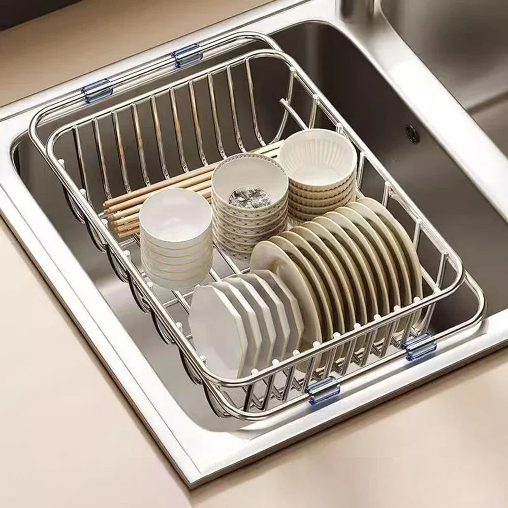 Flexinox Draining Rack | Extendable & Non-Slip | Stainless Steel Dish Basket for Sink & Countertop