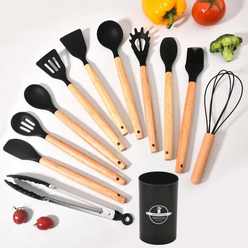 Culinora Silicone Kitchen Utensil Set | Heat Resistant up to 230°C | 12-piece with Wooden Handles | Whisk, Spatula, Tongs & More