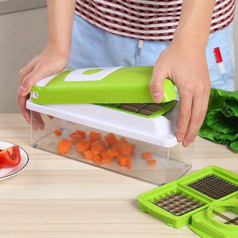 CutMate Multifunctional Vegetable Cutter 12-in-1 | With Catch Container & Finger Guard | Stainless Steel Blades | Compact & Safe