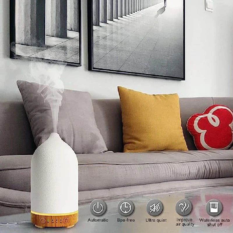Aromisca Ceramic Aroma Diffuser | 100 ml Ultrasonic Humidifier | 7 LED Colors & Timer | Handmade Design | EU Plug