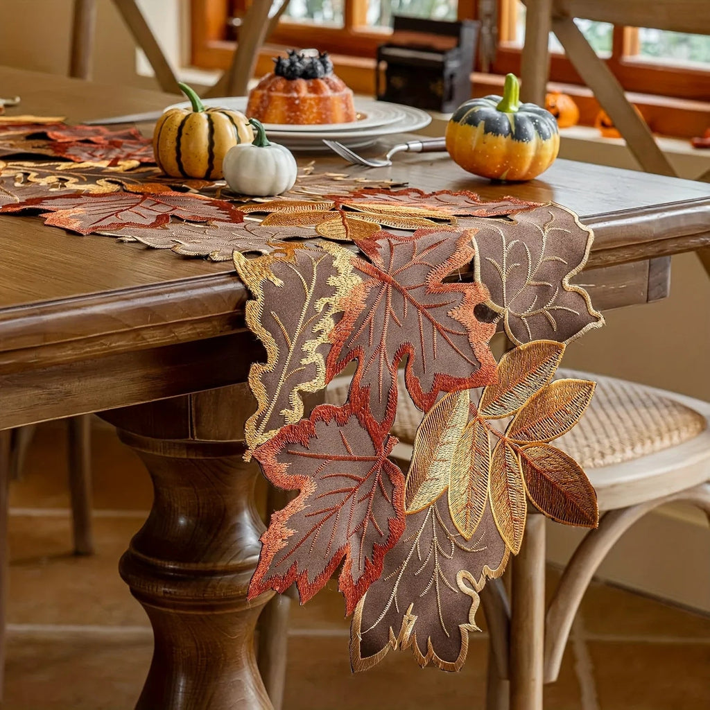 HarvestLeaf Table Runner | Embroidered Maple Leaf Design | Autumn Decor in Country House Style