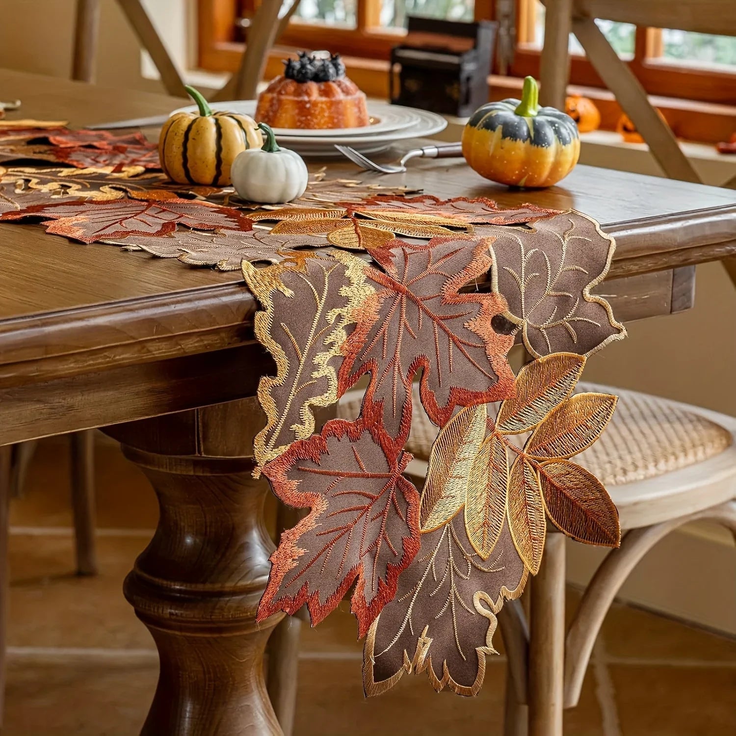 HarvestLeaf Table Runner | Embroidered Maple Leaf Design | Autumn Decor in Country House Style