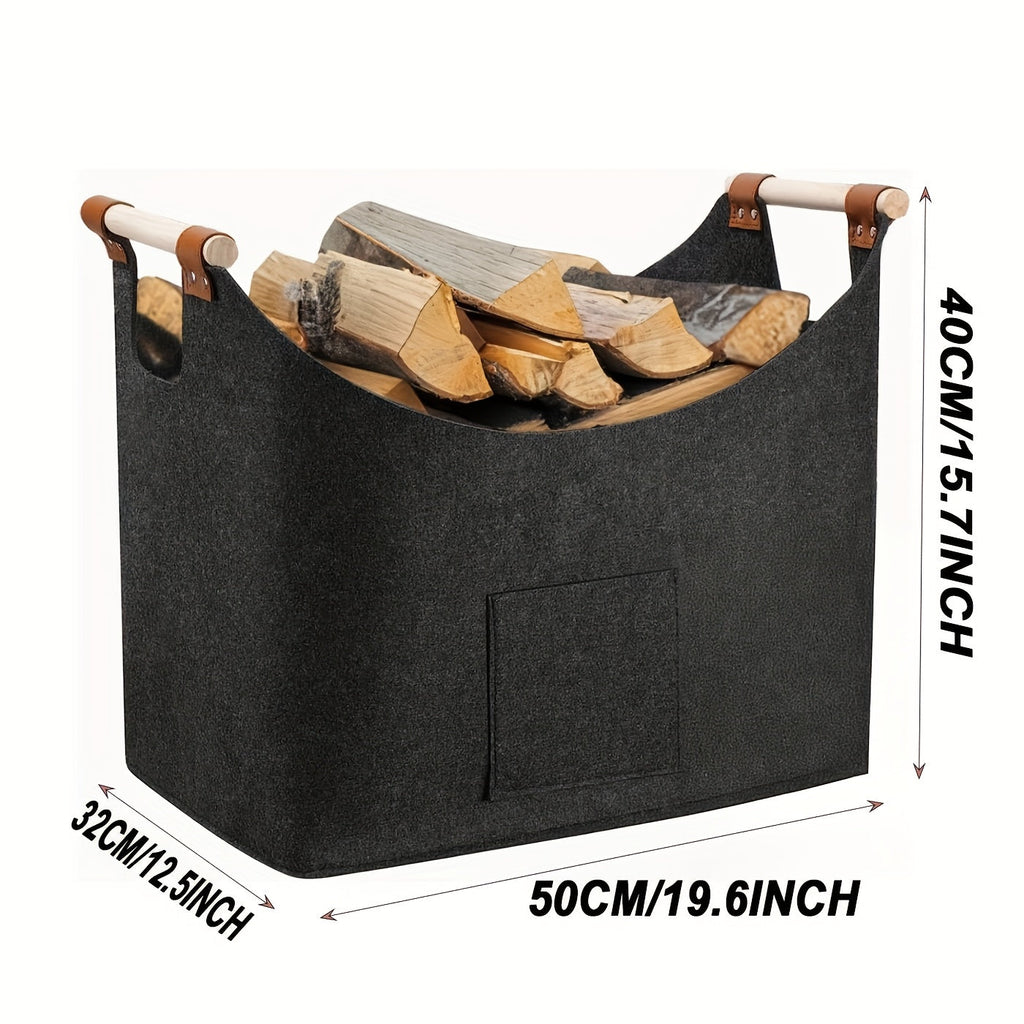 Felt Firewood Basket FELDURA | Foldable | 55L Volume | With Wooden Handles & Leather Details | Dark Grey
