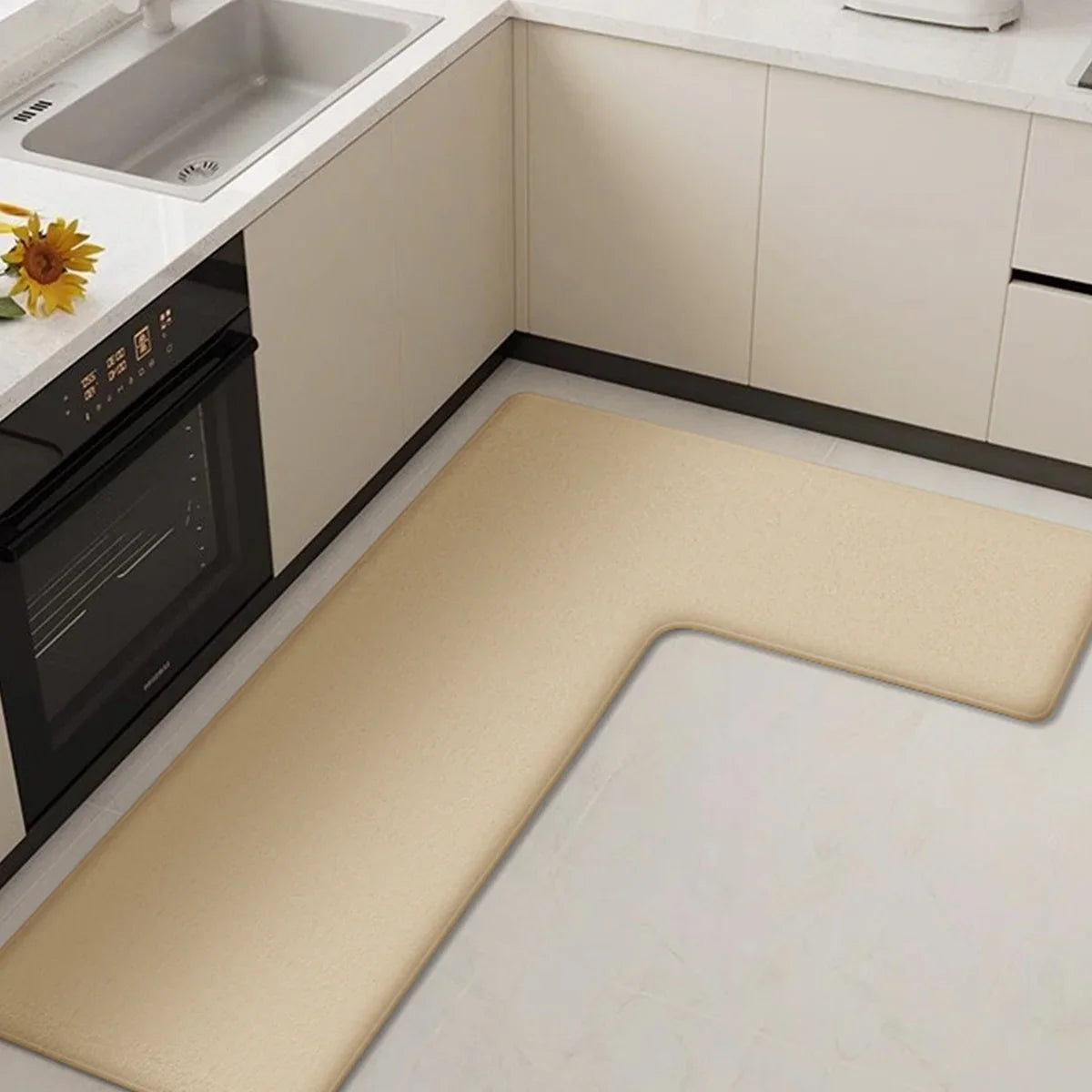 CleanLuxe Kitchen Mat | L-Shaped & Thickened | Non-Slip, Oil Absorbing & Dirt Repellent | Soft Flannel for More Comfort