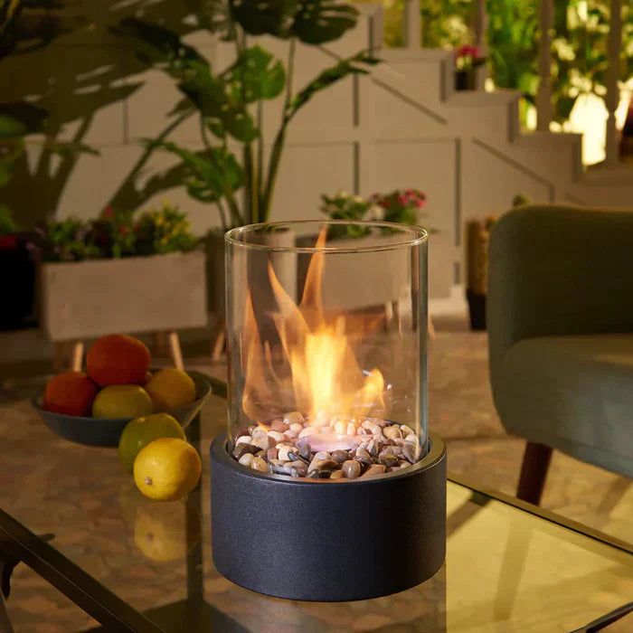 FlammaLume Table Lantern | Portable Decorative Fire Lamp | Modern Design & Flame Effect | For Indoor & Outdoor Use | Round Steel & Glass