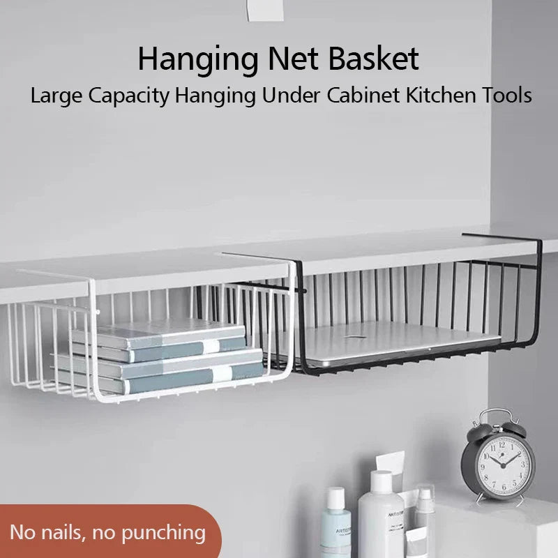 Cabvoro Hanging Basket | Under-Shelf Storage | Metal Grid in Black/White | For Kitchen, Cabinet & Office