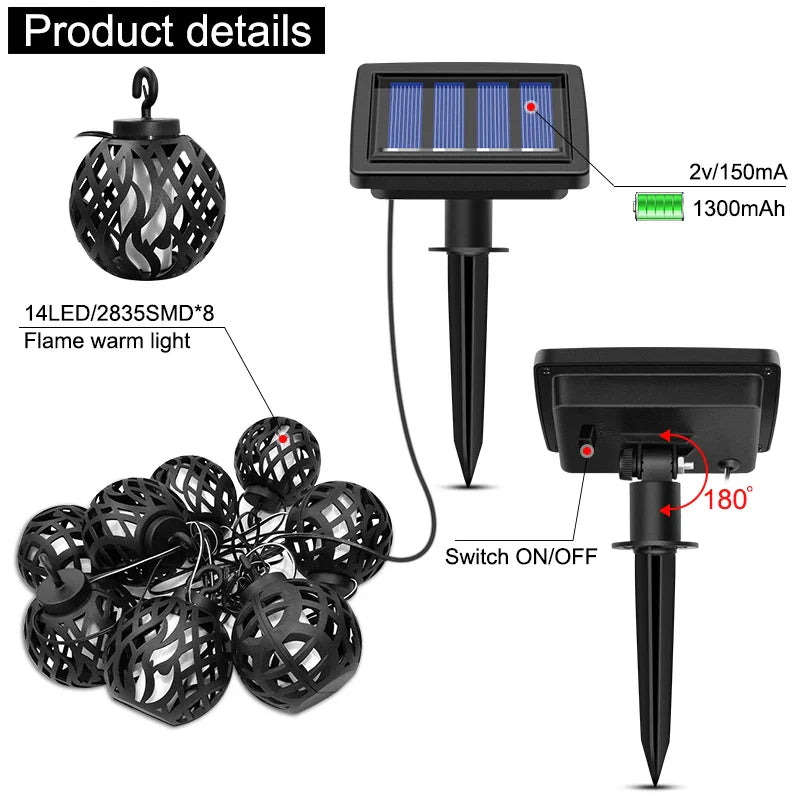 Flamara Solar String Lights with Flame Effect | 8 LED Lanterns | IP44 Waterproof | For Garden, Terrace & Balcony