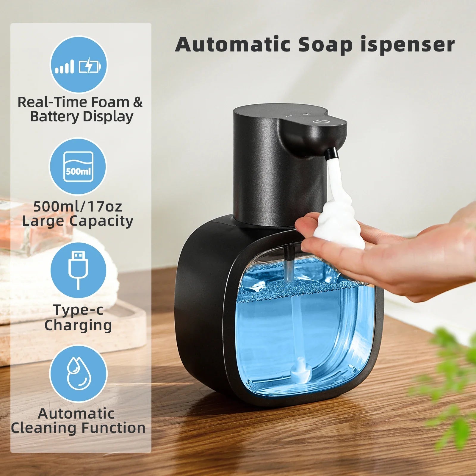 Automatic Foamello Soap Dispenser | Wall Mountable | 500 ml | Rechargeable & Touchless | Sensor-Operated Foam Function