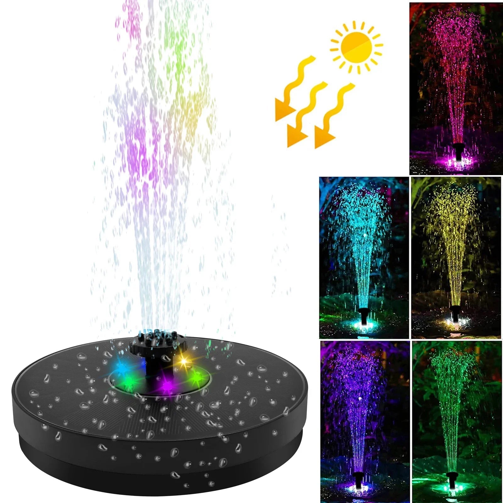 AquaLume Solar Spring | 3W Solar Fountain with LED Color Play | Up to 60 cm Fountain Height | 7 Nozzle Attachments