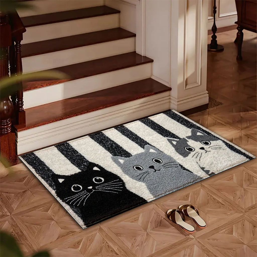 Cat Rug Miyono | Soft & Waterproof | Non-Slip Doormat with Stripes & Cartoon Cat Design | For Bedroom, Hallway & Living Room