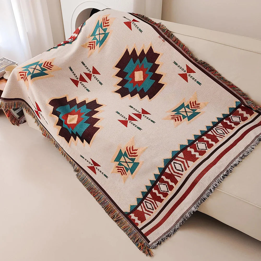 AztecaLoom Boho Blanket | XXL Aztec Plaid with Fringes | Southwestern Ethnic Style | Vintage Cotton Blend Throw Blanket