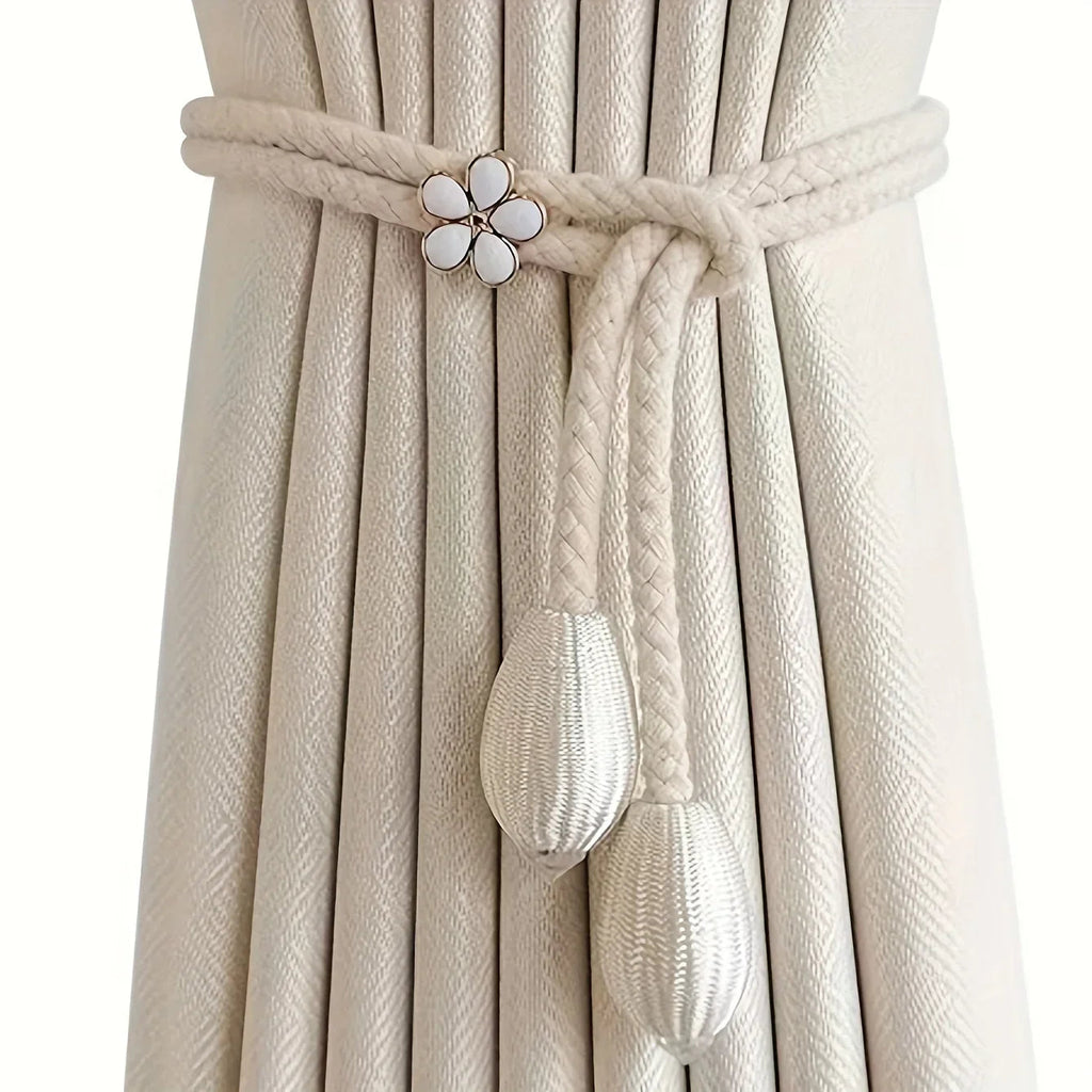 Floravia Curtain Holder Set of 2 | Adjustable Without Drilling | With Flower Buckle | Elegant Home Accessory