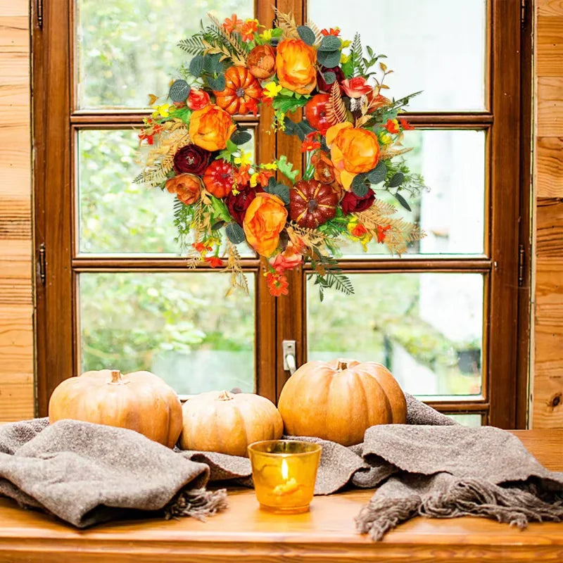 Autumna Charm Autumn Door Wreath | Pumpkin & Rattan | 40 cm | Handmade Decor for Fall & Thanksgiving