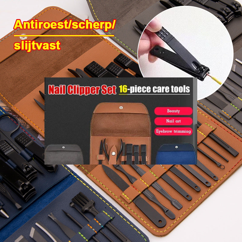 PureNail Pro | Maniküre-Set 16-teilig | Edelstahl Nagelpflege-Set | PU-Leder Etui | Für Hände, Füße & Gesicht