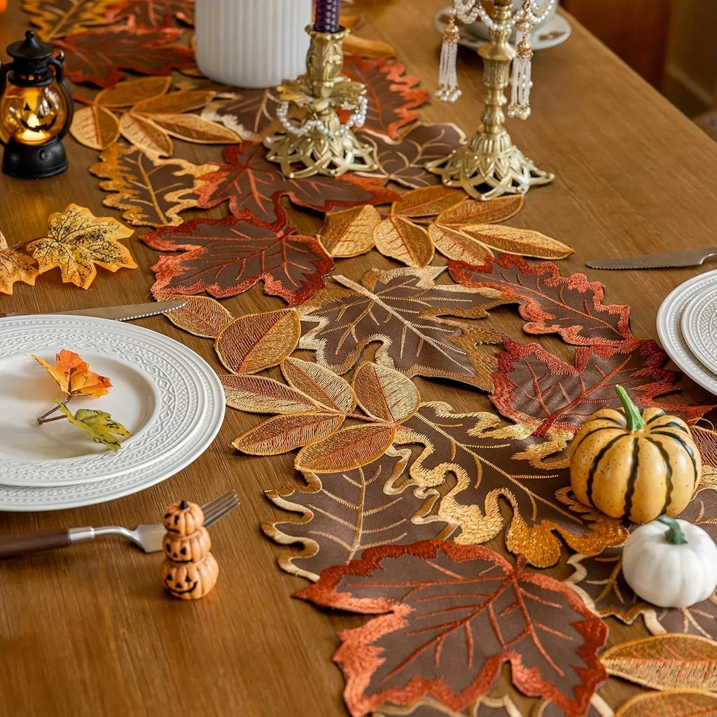 HarvestLeaf Table Runner | Embroidered Maple Leaf Design | Autumn Decor in Country House Style