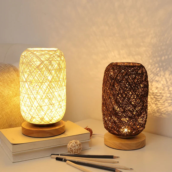 HolzLuma LED Table Lamp | Handcrafted from Wood & Rope | Warm White Light | For Bedroom & Living Room