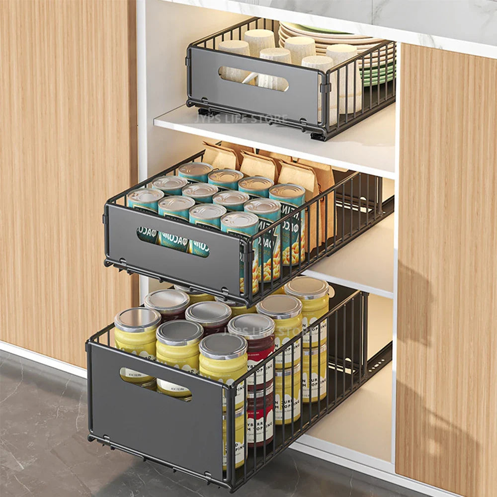 Cabinova Extendable Kitchen Shelf with Drawer | Metal Organizer for Spices & Cleaning Supplies | No Drilling Needed