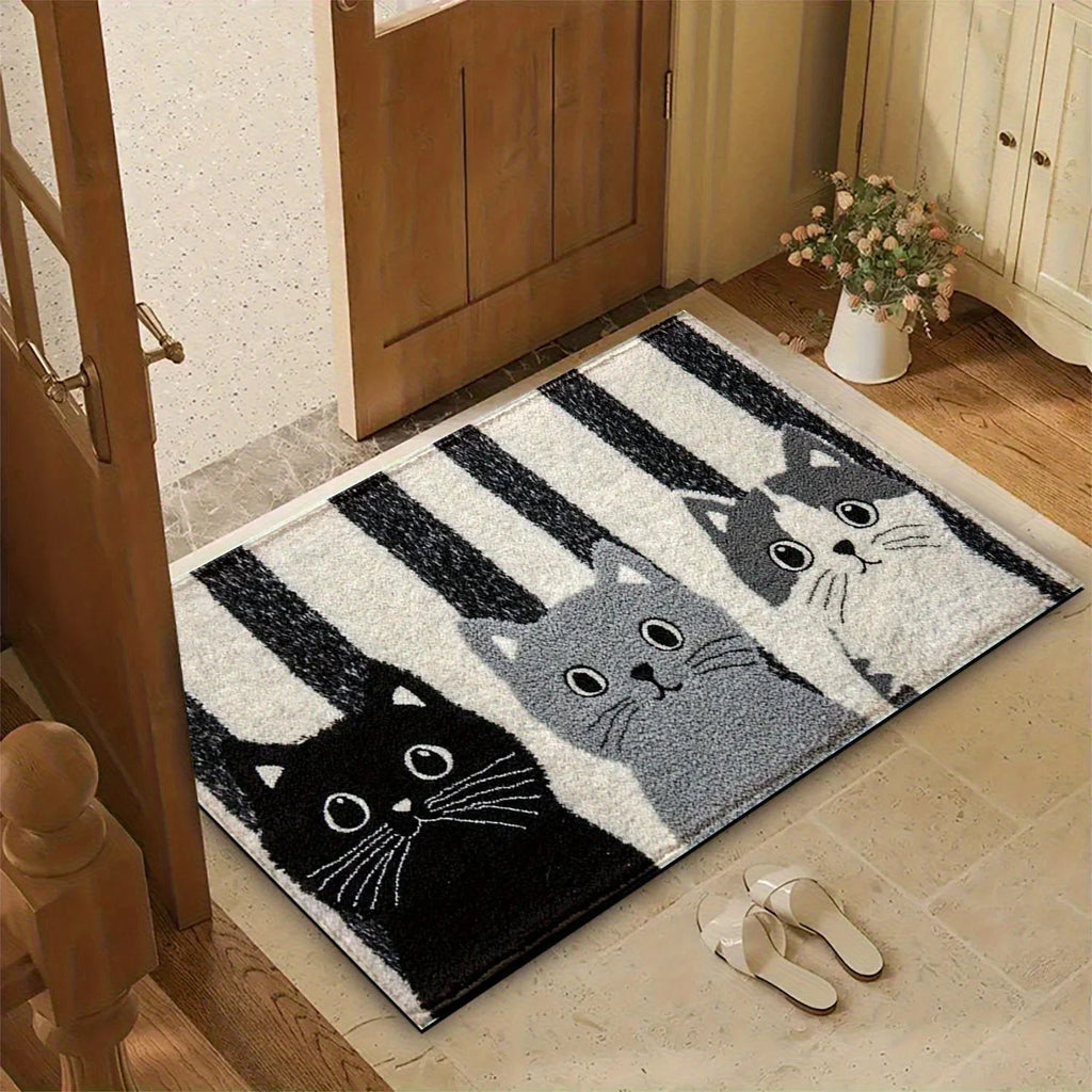 Cat Rug Miyono | Soft & Waterproof | Non-Slip Doormat with Stripes & Cartoon Cat Design | For Bedroom, Hallway & Living Room