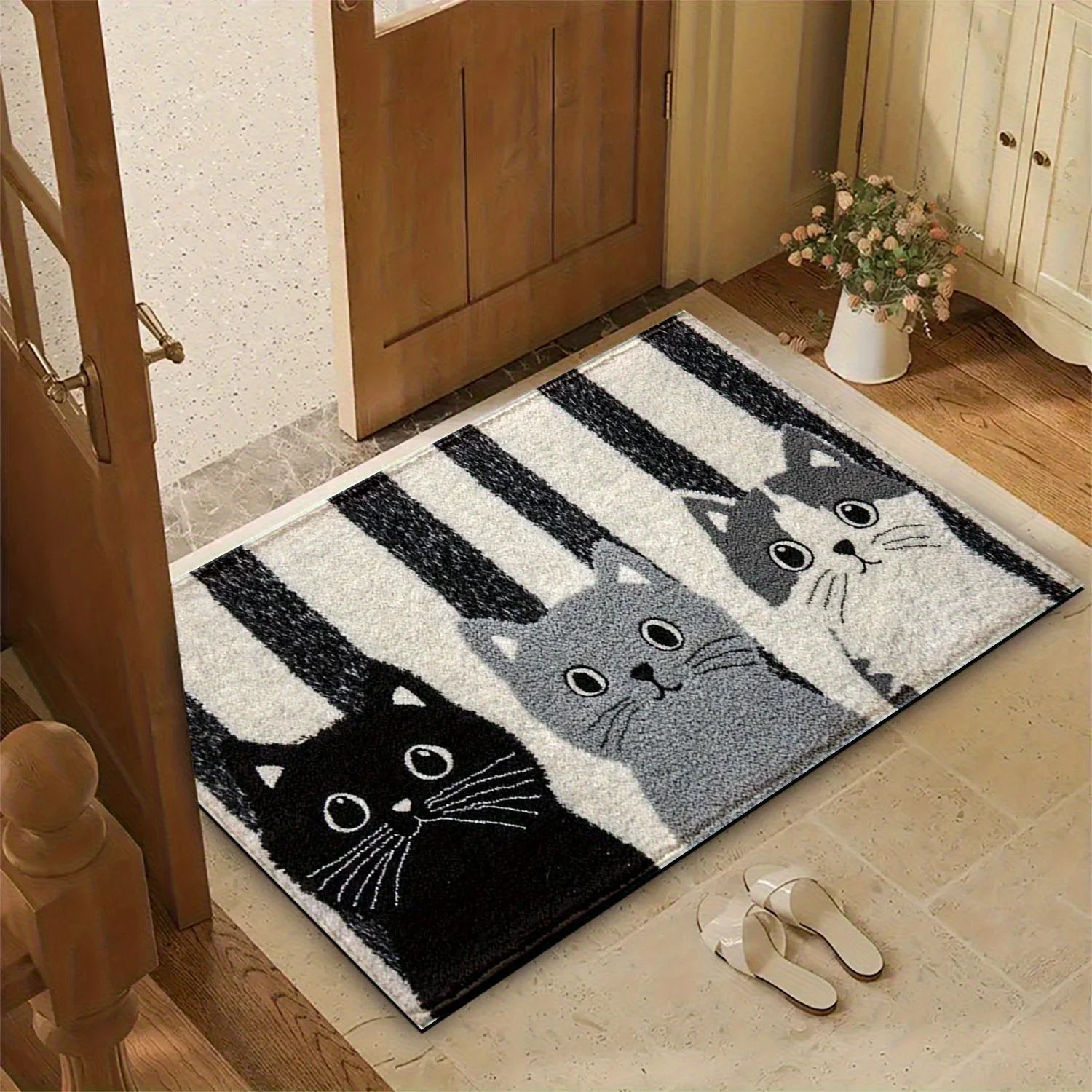 Cat Rug Miyono | Soft & Waterproof | Non-Slip Doormat with Stripes & Cartoon Cat Design | For Bedroom, Hallway & Living Room