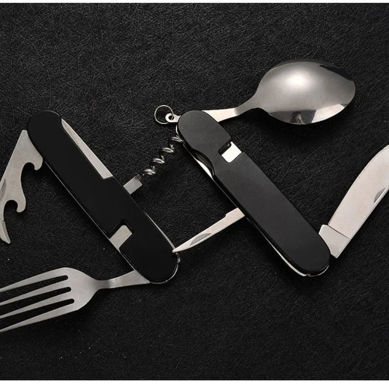 4-in-1 Outdoor Cutlery Set Camplico | Foldable Spoon, Fork, Knife & Bottle Opener | Stainless Steel & Compact | For Camping & Travel