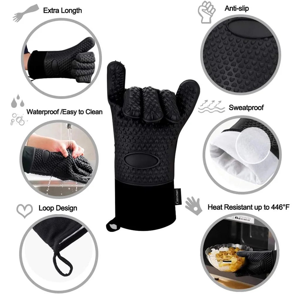 Griptermo Silicone Grill Gloves | Heat Resistant up to 260 °C | Non-Slip & Waterproof | With Cotton Lining