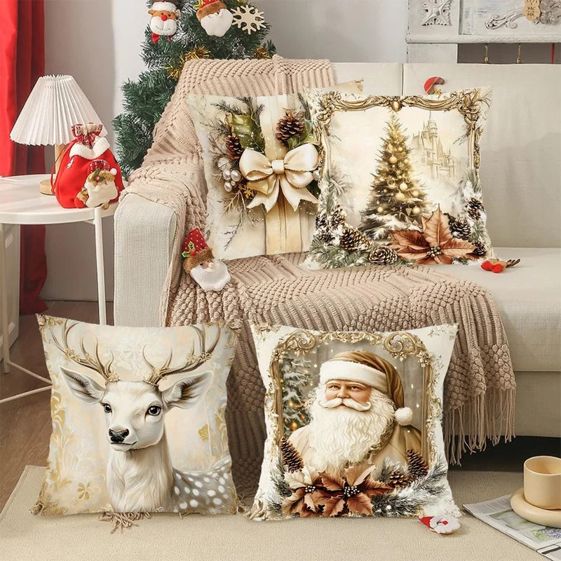 GoldenVintage Cushion Covers Set of 4 | Christmas Design with Santa, Reindeer & Bow | Sofa Decor & Living Room | 45×45 cm