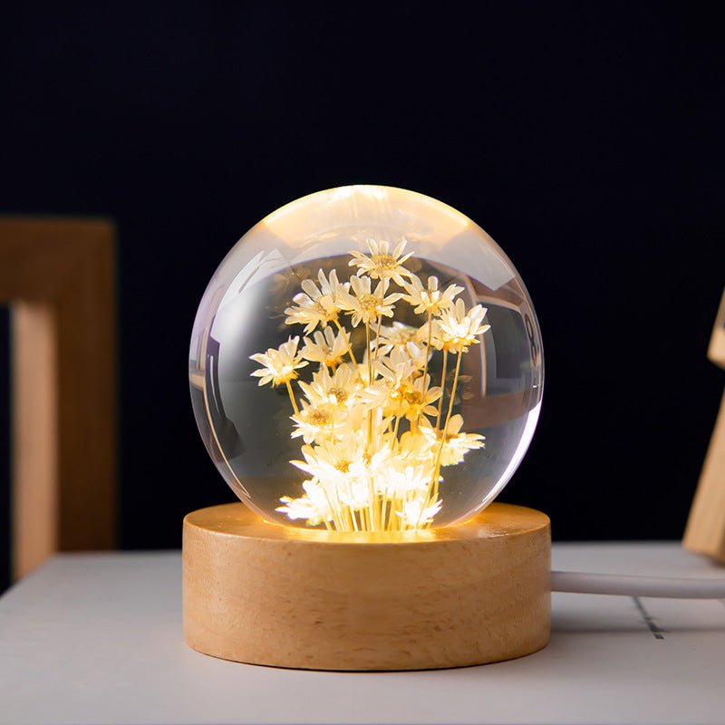 Floralis Crystal Ball Lamp | 3D Flower Design | Dandelion & Daisy | USB Wooden Base