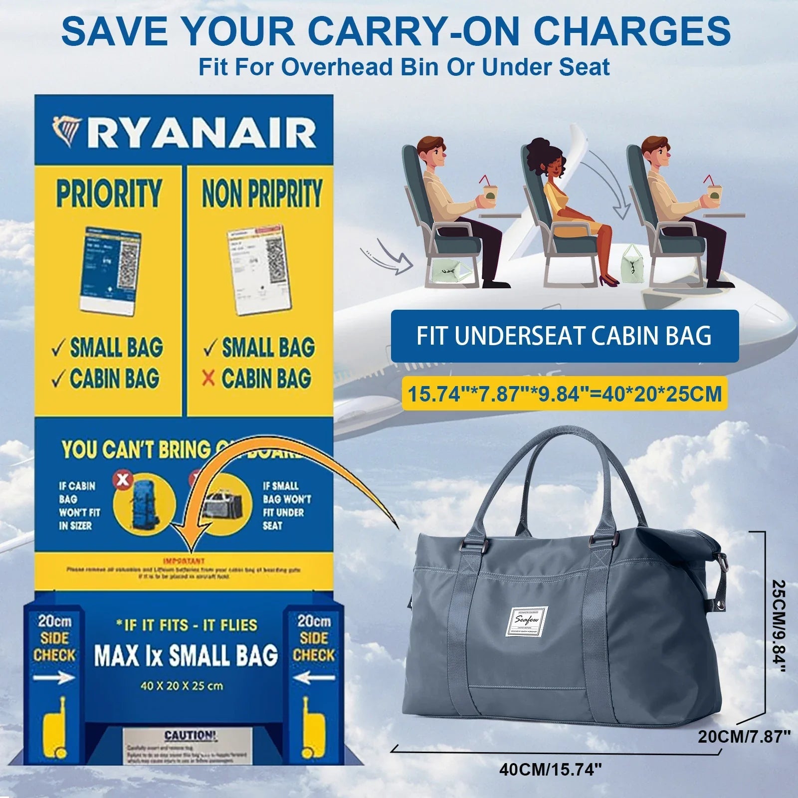Aerovigo Travel Bag Hand Luggage 40x20x25 | Large Capacity | Weekender for Short Trips | Airline Cabin Bag