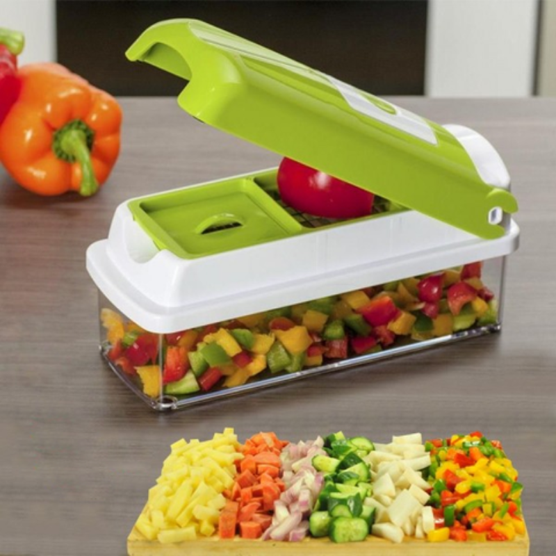 CutMate Multifunctional Vegetable Cutter 12-in-1 | With Catch Container & Finger Guard | Stainless Steel Blades | Compact & Safe
