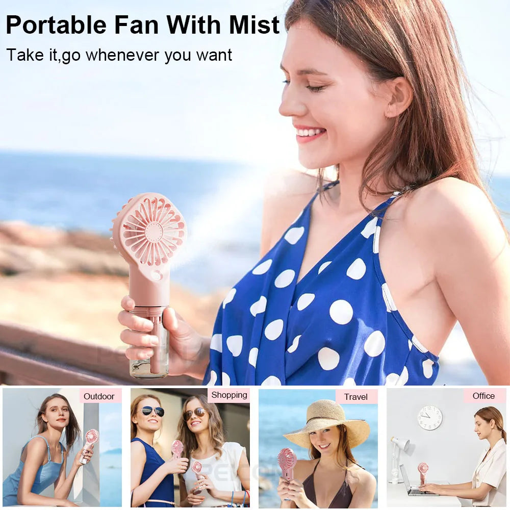 Brisella Air Mini Hand Fan with Air Humidifier | 4-Level Spray Function | USB Rechargeable | Portable & Quiet
