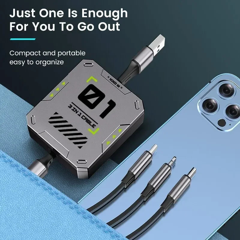 3-in-1 Charging Cable | 100W Fast Charging | Extendable & Universal | FlexiCharge for iPhone, Android & USB-C