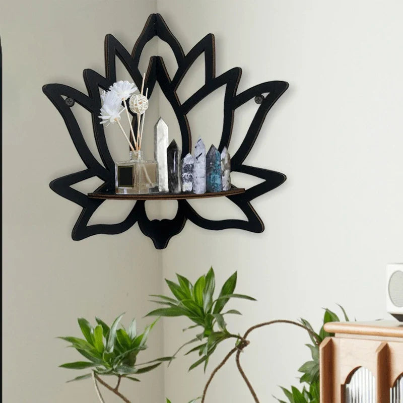 Holumina Boho Corner Shelf Made of Wood | Lotus Design with Hollow Cut | For Crystals & Decor | Black
