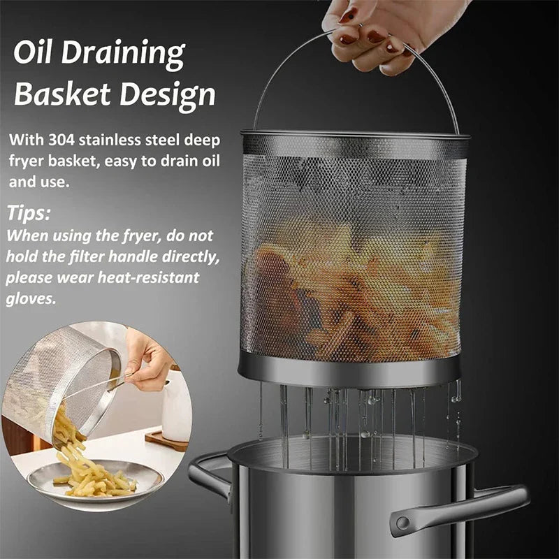 Crisplora FryMaster Stainless Steel Deep Frying Pot 3 L with Strainer & Lid | Tempura Fryer with Tongs