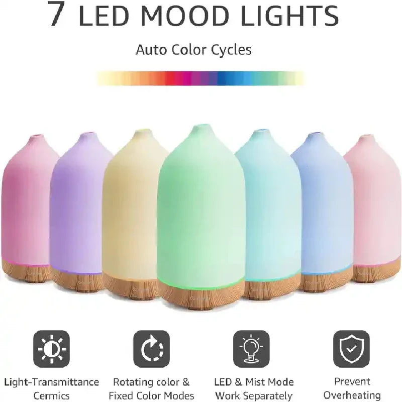 Aromisca Ceramic Aroma Diffuser | 100 ml Ultrasonic Humidifier | 7 LED Colors & Timer | Handcrafted Design | EU Plug