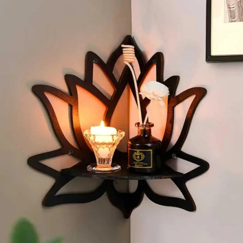 Holumina Boho Corner Shelf Made of Wood | Lotus Design with Hollow Cut | For Crystals & Decor | Black