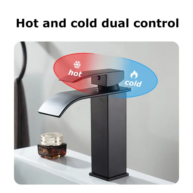 Aqualis Noir Waterfall Basin Mixer Tap | Stainless Steel | Hot & Cold Water | For Bathroom & Guest WC