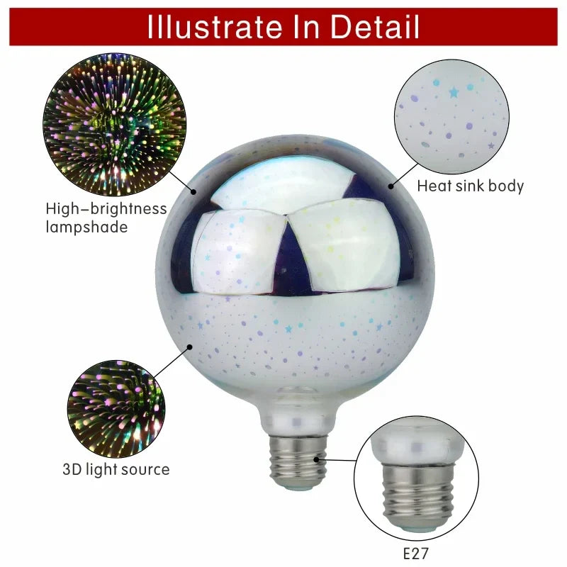 3D LED Bulb | Vintage Fireworks Effect Lamp with E27 Socket | 6W 85–265V | Decorative, Party & Christmas Lighting | Auravia