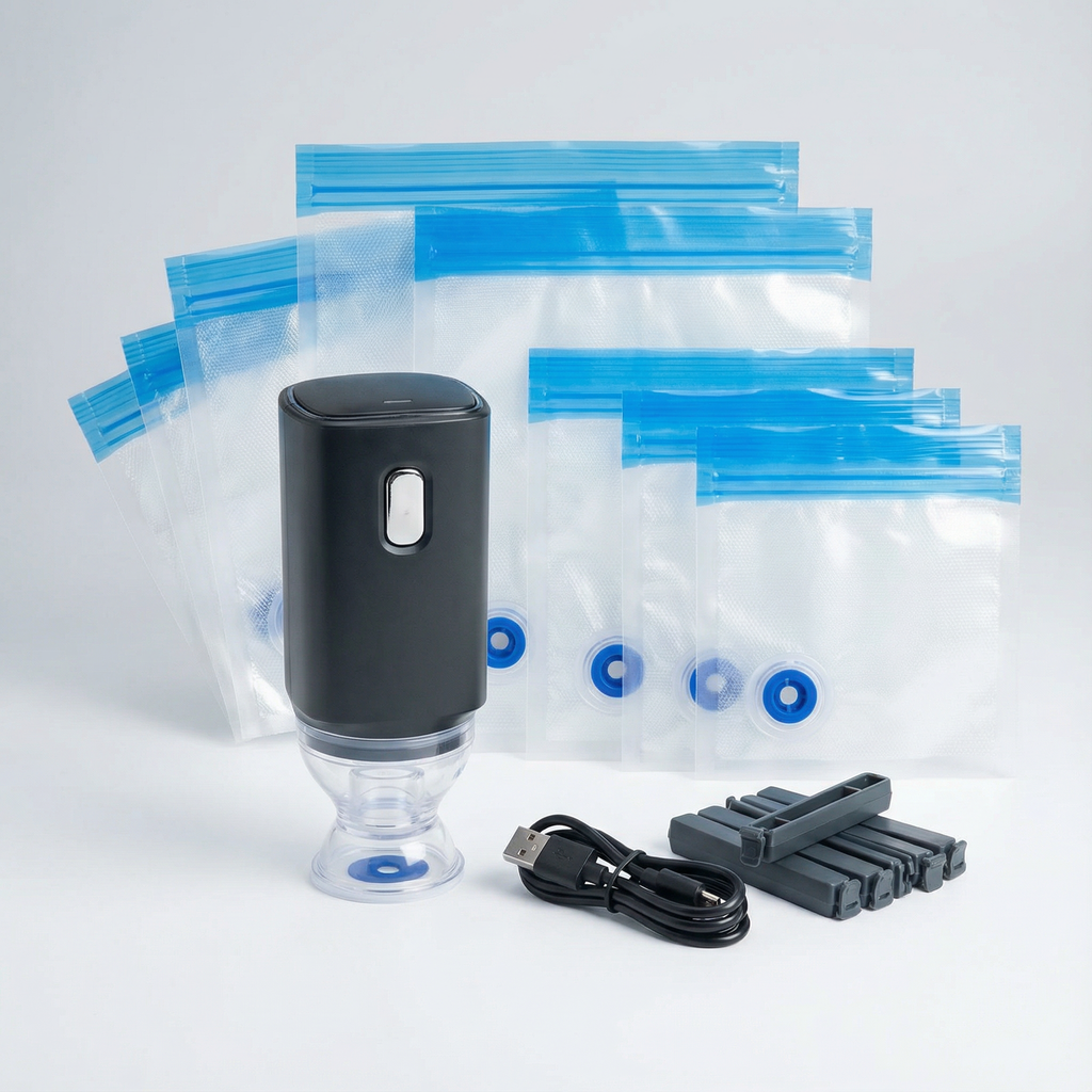 Freshora | Vakuumiergerät mit USB-C | Wiederverwendbare Frischhaltebeutel | 30-teiliges Set