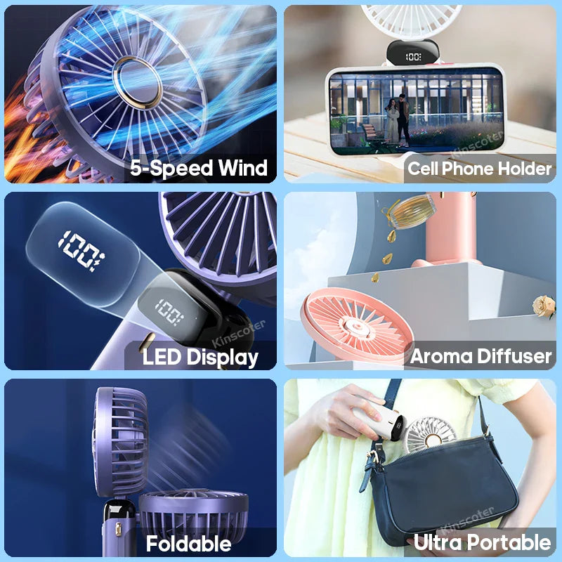 AERIONIQ 3-in-1 Mini Fan | LED Display | 5 Levels | Battery with Power Bank Function | Portable & Adjustable