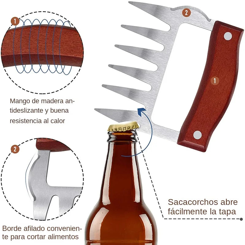 GrillWilde BBQ Meat Claws Made of Stainless Steel | With Wooden Handle & Bottle Opener | Ideal for Pulled Pork, Chicken & Grilled Meat