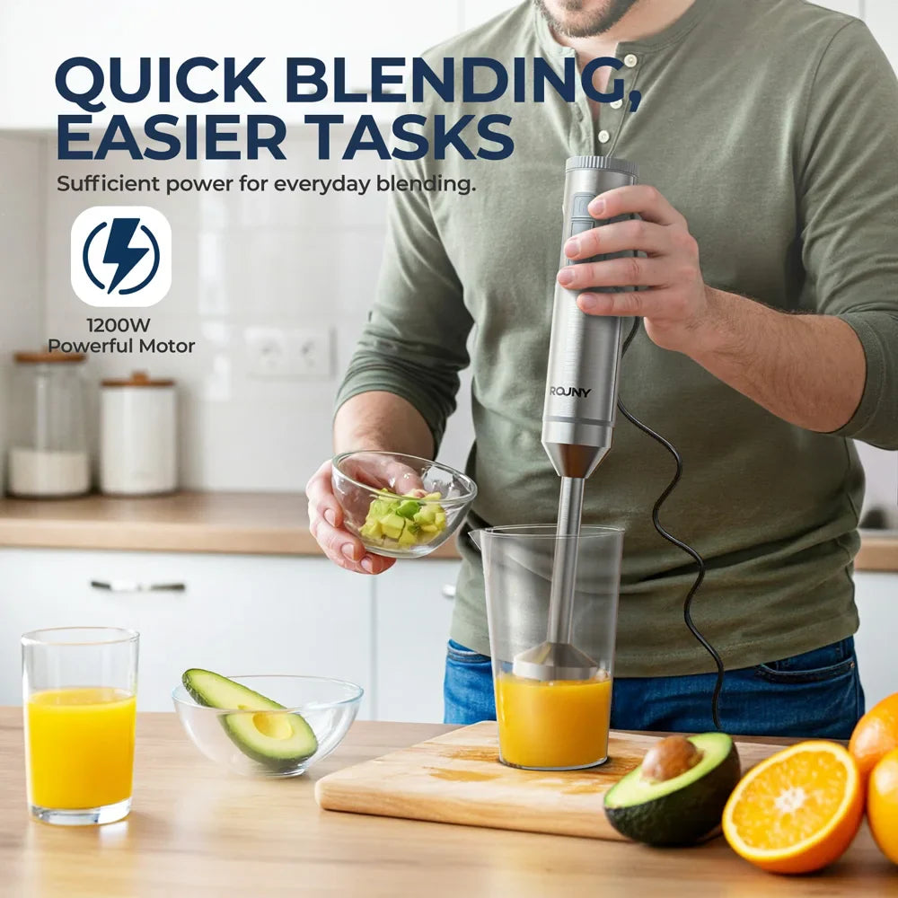 BlendMaster | 4-in-1 Stainless Steel Hand Blender Set | 700 ml Beaker, 500 ml Chopper & Whisk | 14 Speeds